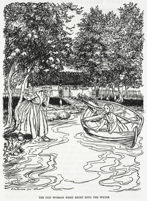 "The old woman went right into the water". Illustration for 'the flower garden of the woman who knew magic'. A young girl, Gerda, in a boat. An old woman steps into the river to help her.