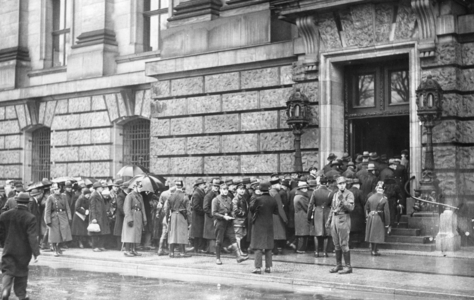 Visit of the burned-out Reichstag for the general public, 1933 (b/w photo)
