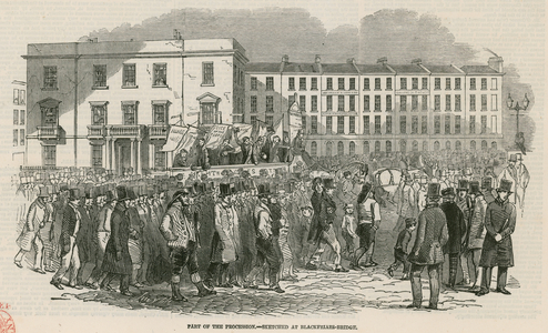 The Chartist meeting on Kennington Common in 1848, part of the Procession - sketched at Blackfriars Bridge (engraving)