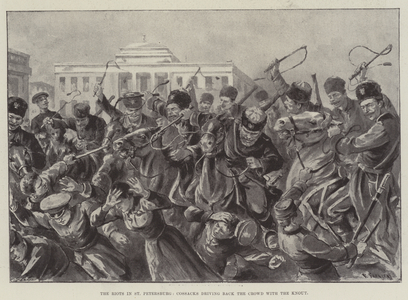 The Riots in St Petersburg, Cossacks driving back the Crowd with the Knout (litho)