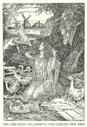 The girl went on combing and curling her hair (litho)