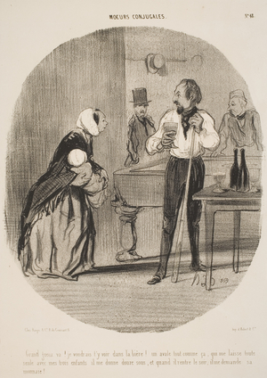 Grand gueux va!  Je voudrais t'y voir dans la bière! (You tramp! I would like to see you drown in your beer!), from the series "Moeurs Conjugales" (Married life), published in "Le Charivari," May 1, 1842, 1842 (lithograph)