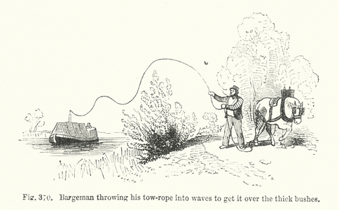 Bargeman throwing his tow-rope into waves to get it over the thick bushes (engraving)