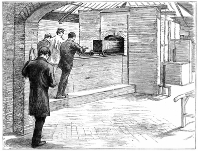 Cremation taking place at the Cremation Society of England, St John's, Knaphill, Woking, Surrey. Engraving, 1889.