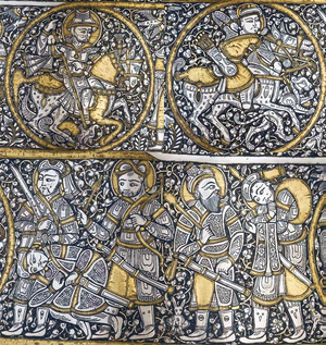 Egypt: Plaque in gold and silver metalwork showing Mamluk soldiers, c. 1350