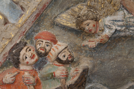 Altarpiece. polychrome stone. Second half 14th century. Origin former parish church of Torre de Rialb. Detail. Mid register. Right panel. The saints Iscle and Victoria thrown in the river Guadalquivir with a mill stone on their neck.