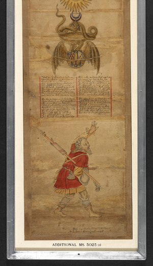 A crescent moon, being bitten by a large brown dragon, beneath, standing on a winged mappa mundi -style orb upon which droplets of blood are falling from the dragon's belly. - verses, in four stanzas. - a waving male figure in peasant dress, holding a staff with a blade at one end a shod hoof at the other. - an inscription: 'This long Rolle was Draurne for me in Cullers At Lubeck in Germany Anno 1588'.