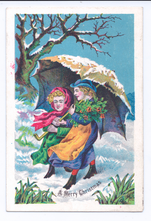 A Victorian Christmas card of two girls sheltering under an umbrella in the snow, c.1880 (colour litho)