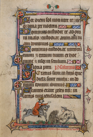 Bas-de-page scene of the Cornfield Miracle, with Herod questioning the peasant reaping the fully-grown corn, with a caption reading, 'Cy erodes demande au messeour nouels de .iii roys a il oit quil su[n]t en lur t[er]es'