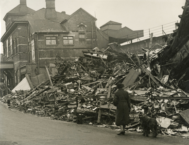 View of the wreckage of Herne Hill Station, following a flying bomb attack during World War Two, London, 1944 (b/w photo)