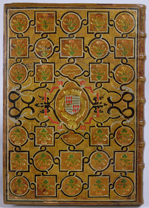 Guillaume Du Choul: 'Discourse on castrametation and military discipline of the Romans...', binding with the coat of arms of Pierre Ernest de Mansfelt and interlace decoration and flowers on golden dotted background, 1556 (Levant leather)