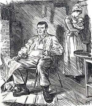 Drunken husband sitting in his chair, 1850