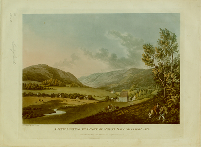 Two herdsmen rest on the grass under a tree in the foreground, with a river, fields and a village beyond and the Jura Mountains in the background