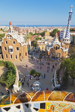 Barcelona, Spain.  Pavilions at the entrance to Parc Güell. Guell Park was designed by Antoni Gaudi and is a UNESCO World Heritage Site.