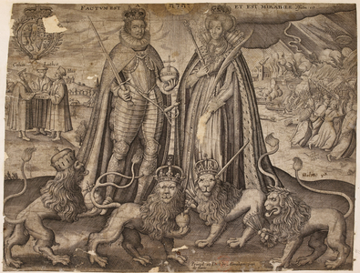 Factum Est A [Jehova] Et Est Mirabile'. Psalm 118: 23. The full line is 
"A Domino factum est istud hoc est mirabile in oculis nostris.", translates as "This is the Lord's doing and it is wonderful in our eyes."
A print celebrating and congratulating Frederick V and Elizabeth, newly crowned King and Queen of Bohemia; with an etching showing in the centre the crowned Frederick V and Elizabeth, both holding a sceptre and orb, in front of them four heraldic lions representing the Palatinate, Bohemia, England, and the Netherlands, in the background on the left a peaceful scene with Calvin, Luther, and Hus swearing on the Bible, on the right a battlefield with Catholic priests retreating.
The name R.Holme (Randle Holme) is written on the print.