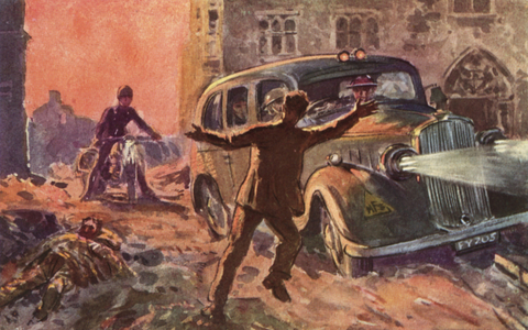 Firemen of the wartime British National Fire Service being alerted to the presence of a badly wounded victim of an air raid, World War II, 1940s (colour litho)