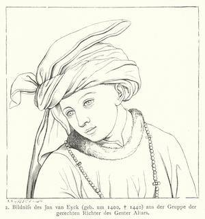 One of the just judges from Jan van Eyck's Ghent Altarpiece, 1432 (engraving)
