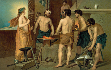 Saint appearing to blacksmiths in a forge (chromolitho)