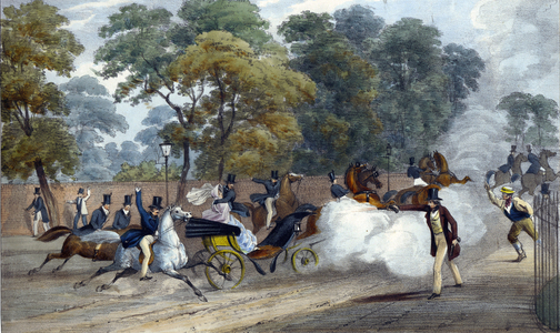 Attempted assassination of Queen Victoria (1819-1901). On the evening of Wednesday 10 June 1840 Victoria and Prince Albert were travelling in a carriage along Constitution Hill near Buckingham Palace, London, when Edward Oxford fired a pistol at the Queen. Hand-coloured lithograph.