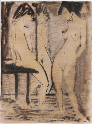 Three female nudes (watercolour, chalk on paper)
