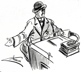 Cartoon depicting a proposed use of the Edison phonograph - the introduction of taximeters to London cabs