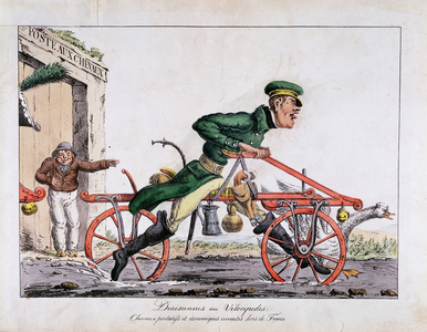 Draisien or Velocipede shown replacing horses in the French post service. Coloured lithograph cartoon, 1818