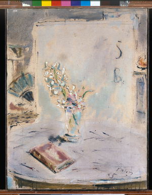 Flowers in a glass and book, 1945 (oil on canvas)