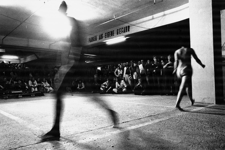 Marina Abramovic with Ulay during a performance at Documenta, Kassel, Germany, 1977 (b/w photo)