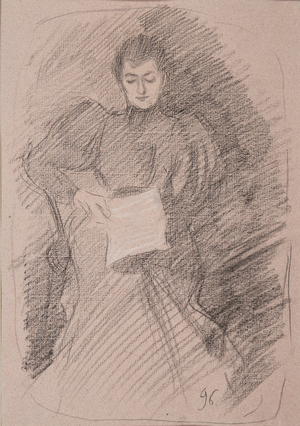 Reading by lamplight, 1896 (charcoal & white chalk on pink paper)