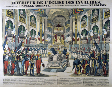 Interior of the church of Les Invalides, Paris, France, the reception the remains of Napoleon I after its return from St Helena: 15 December 1840. 19th century (french popular hand-coloured woodcut)