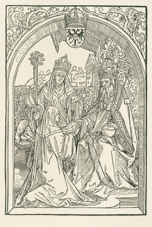 Roswitha in the presence of her niece Gerba, the abbess of Gandersheim, presents her works to the Emperor Otto I, 1501 (woodcut)