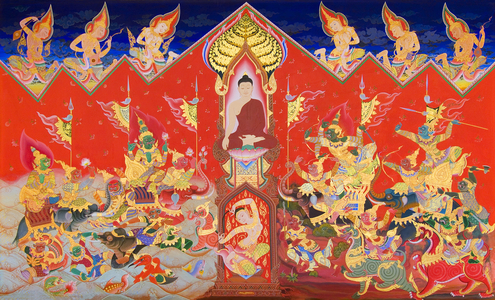 'The Buddha conquering Mara', Harnham Buddhist Monastery, Northumberland, United Kingdom (mural)