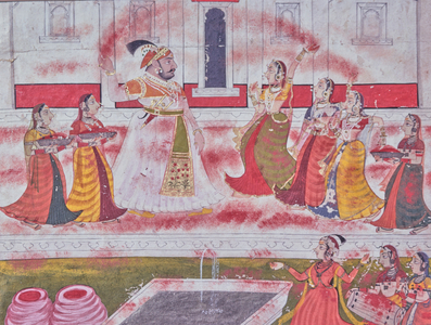 Holi Festival, Maharana playing with ladies from the Court, Miniature Painting, Mewar School, India