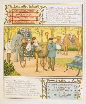 Jardin d'acclimatation. Children at a zoo in Paris. An elephant; an ostrich and a camel. Colour Illustration from 'Abroad'.
