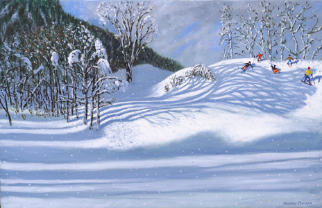 Tree shadows and skiers, Tignes, France (oil on canvas)