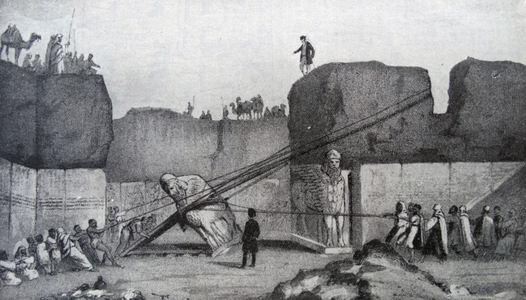 Engraving depicting Sir Austen Henry Layard's excavators lowering one of the Great Winged Bulls found in Nineveh
