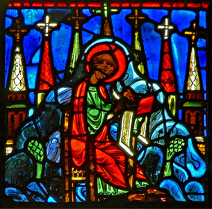 Window w29 depicting St John on Patmos writing to the Seven Churches of Asia (stained glass)