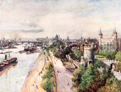 The Tower and the river (colour litho)