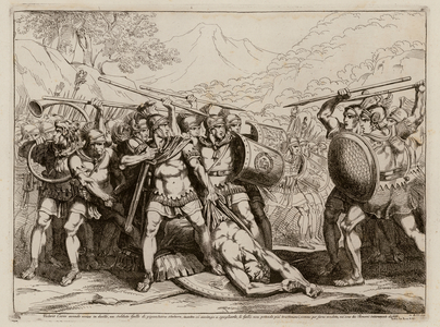 Battle between Romans and Gauls after Marcus Valerius Corvus killed a giant Gaul in single combat, 349 BC (etching)