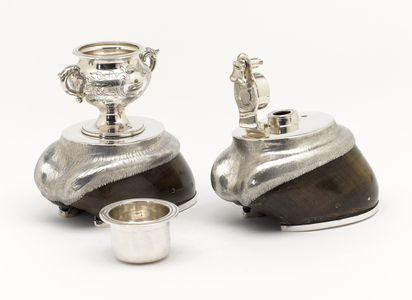 Silver mounted desk set of two polo ponys hooves, Captain J F Sherer, 1865 circa (silver)