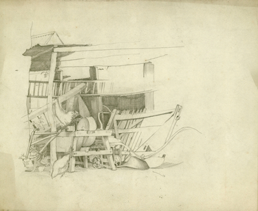 Lean to farm shed with knife grinder and chickens (pencil on paper)