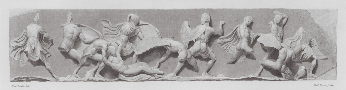 Battle between Greeks and Persians, ancient Greek marble frieze from the Temple of Athena Nike, Athens (engraving)