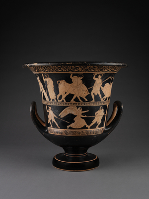 Attic red-figure calyx-crater with two superimposed image friezes showing the life of Theseus above and Prometheus, satyrs and other figures below, 425 BC BC (ceramic)