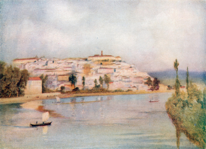 Coimbra and the River Mondego (colour litho)