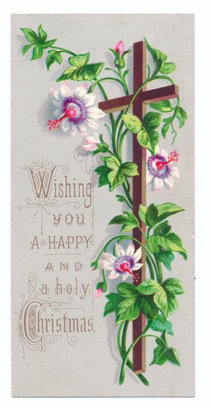 A Victorian religious Christmas card of a cross entwined with white hibiscus, c.1880 (colour litho)