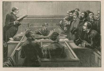 The recent rioting in London: Swearing-in at Bow Street Police Court (engraving)