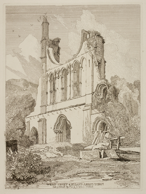 Etching by John Sell Cotman of Byland Abbey in Yorkshire. Ruins. Abbey church wall and window.