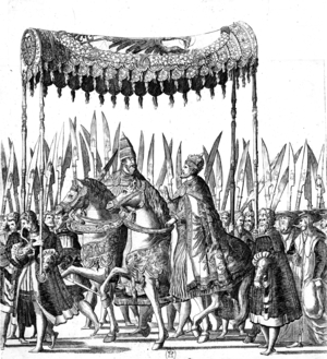 Entrance of pope Clement VII (pope from 1523 to 1534) and germanic emperor Charles the Fifth in Bologna in february 1530 for emperor's coronation, engraving, 16th century