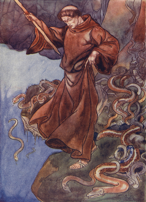 St Patrick freeing Ireland of snakes (colour litho)