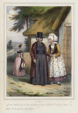 A girl sees a priest giving money to a poor peasant woman (colour litho)